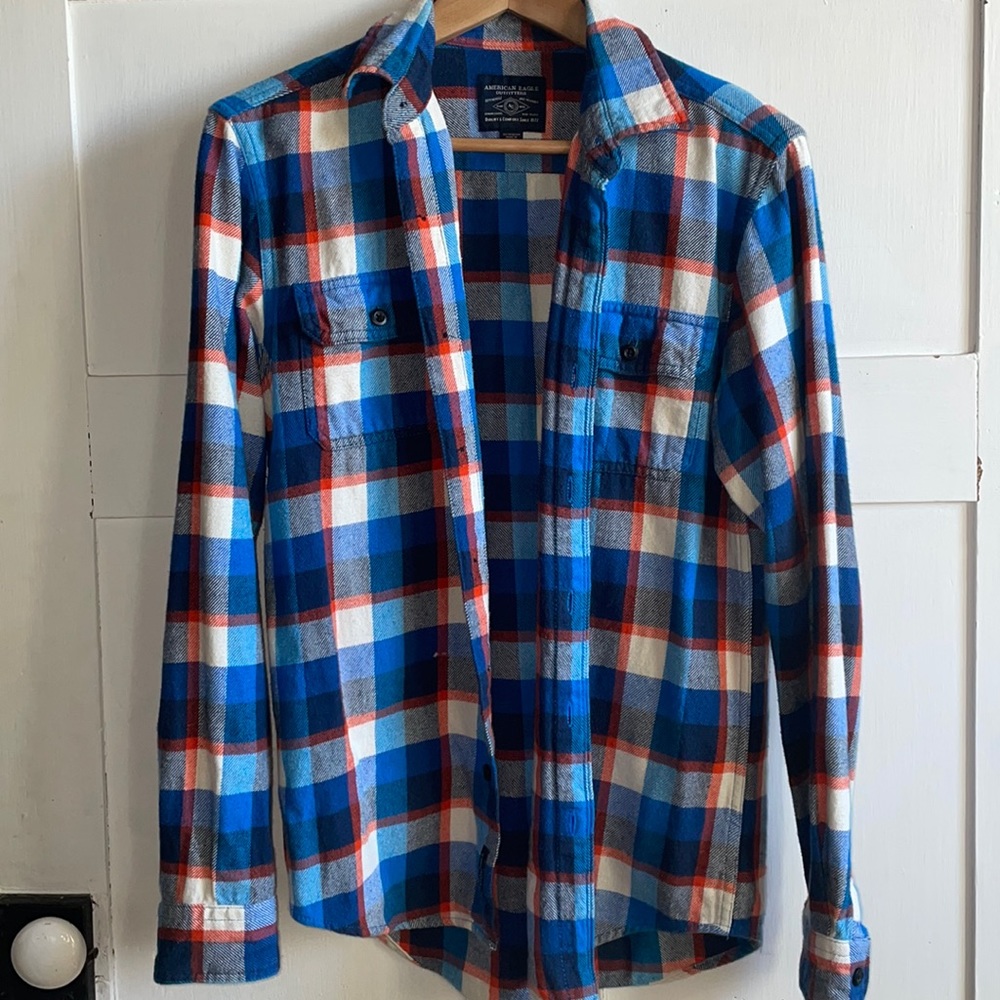 American Eagle Button Down Long Sleeve Flannel Shirt Blue Orange XS
